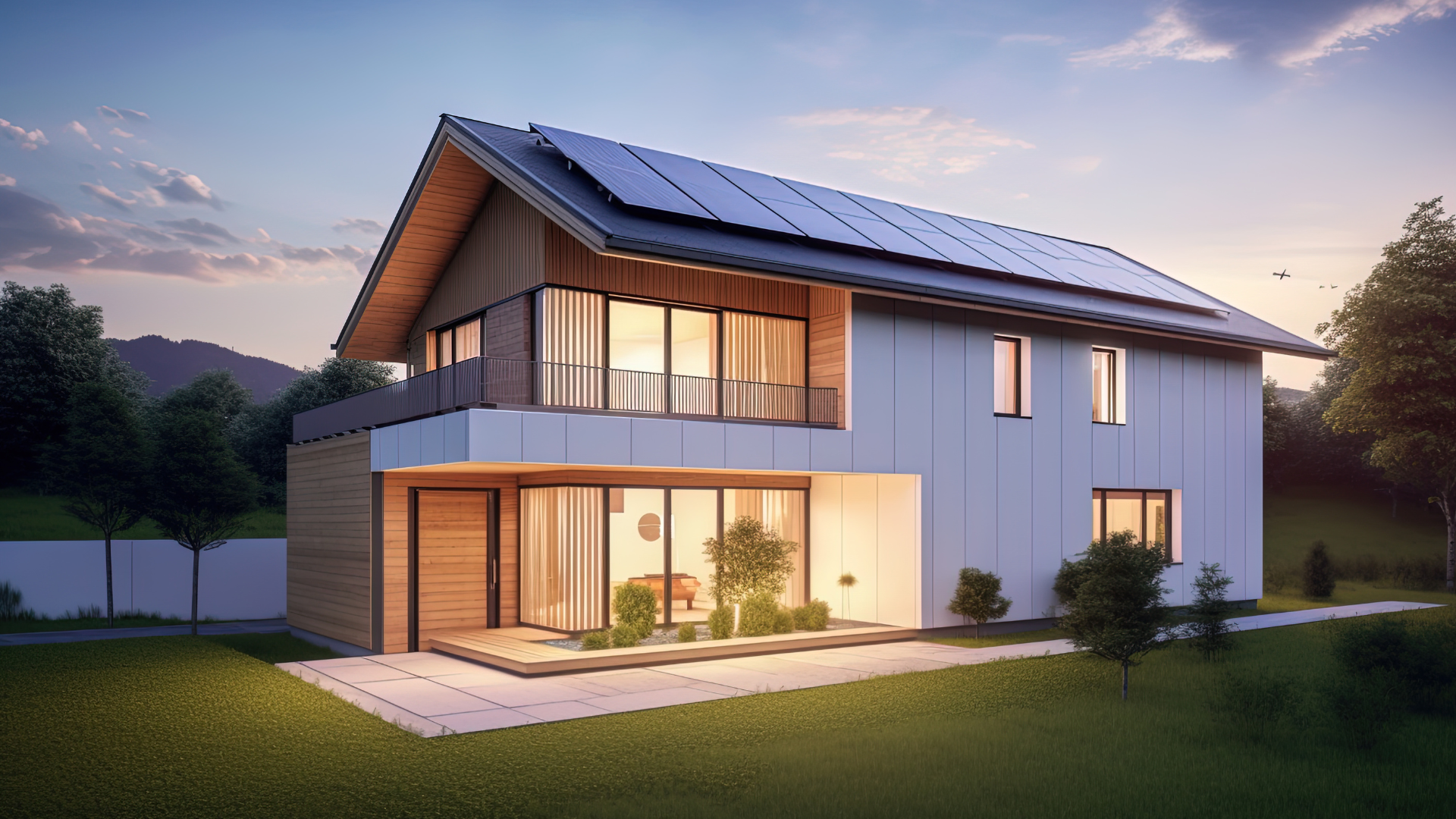 Casa con sistema de paneles solares en el techo